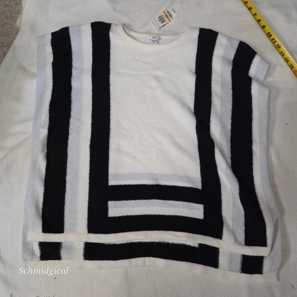 NWT Bar III Womens Geometric Striped Poncho Sweater Ivory Black Grey Size S/M